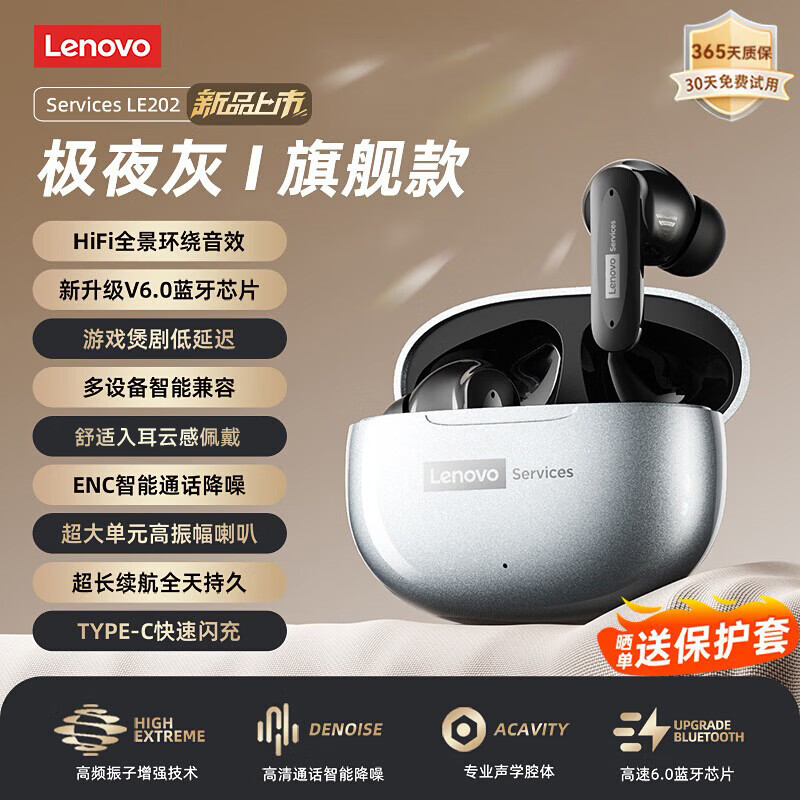 联想(Lenovo)【旗舰无损音质】蓝牙耳机新款顶配蓝牙6.0入耳式真无线音乐高音质智能降噪游戏低延迟超长续航 铁灰色【顶配蓝牙6.0+全景环绕音效】 智能AI降噪-游戏低延迟