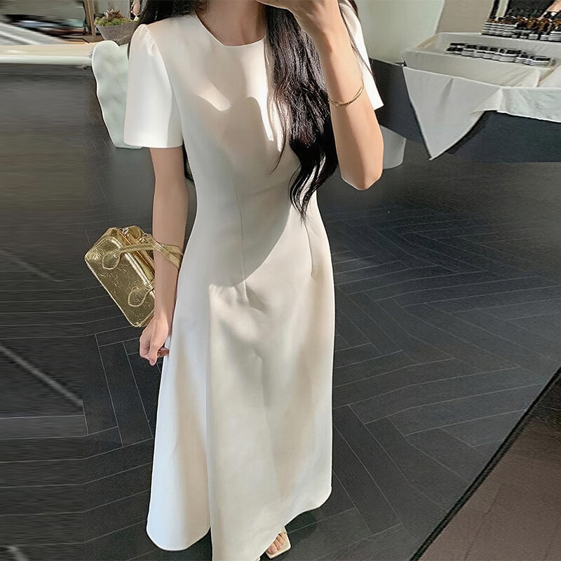GARNUO蓝色短袖连衣裙女夏季2026新款法式高级感气质礼服裙收腰显瘦长裙 蓝色【短袖长款】 M 【101-110斤】