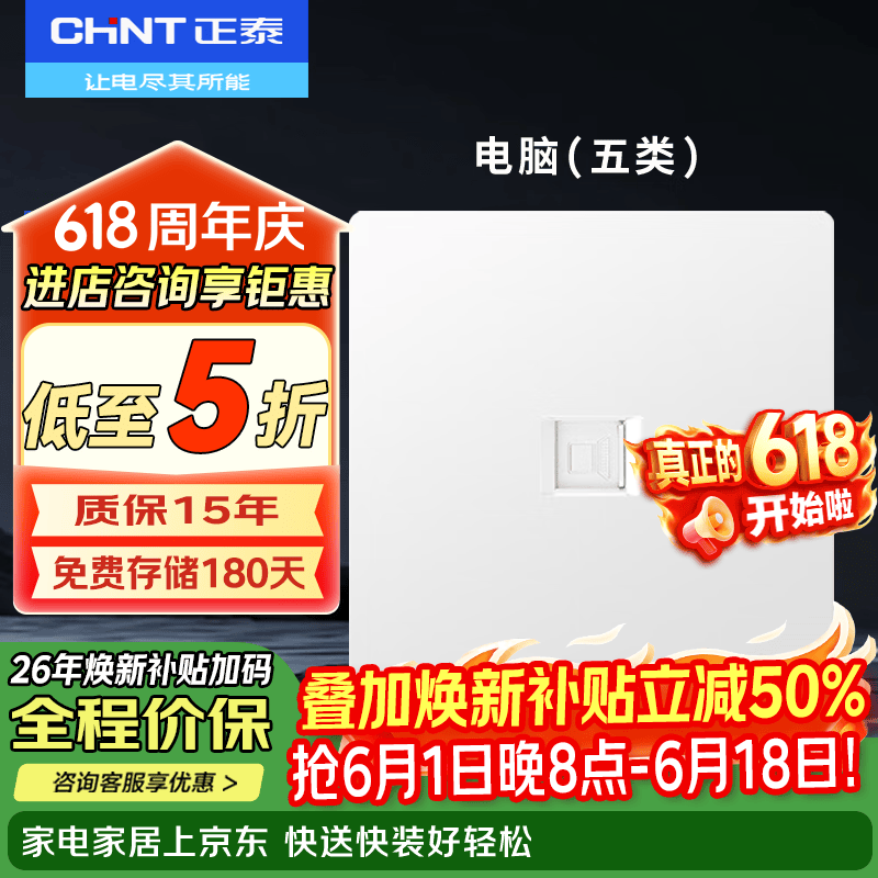 正泰(CHNT)开关插座面板86型暗装家用墙壁开关面板错位五孔插座网线厨房6T白 电脑插座(5类)