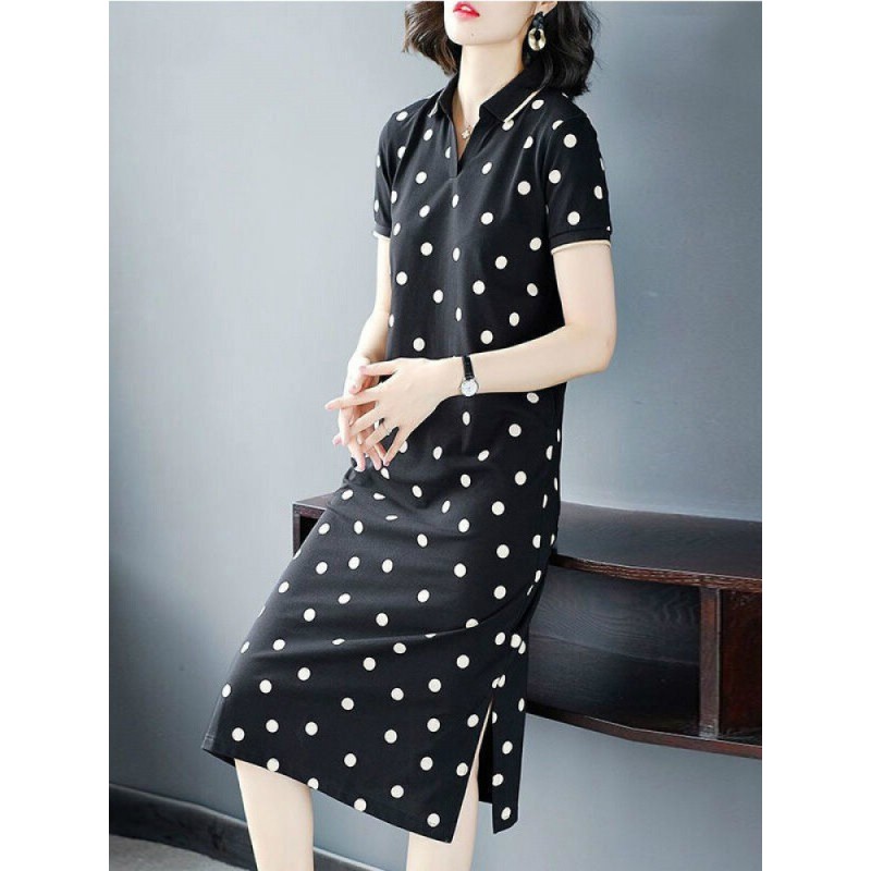 新款纯棉衬衫裙中长款polo翻领大尺码宽松波点连衣裙波点裙【纯棉】