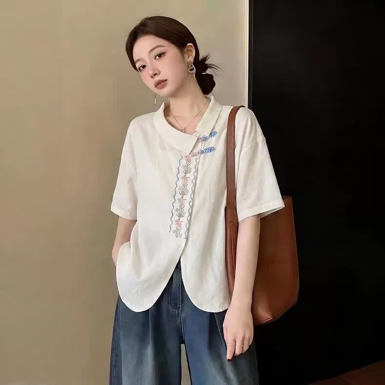 美安嘉新中式国风刺绣短袖衬衫女新款大码胖mm300斤不规则减龄上衣 杏色 L 90-120斤