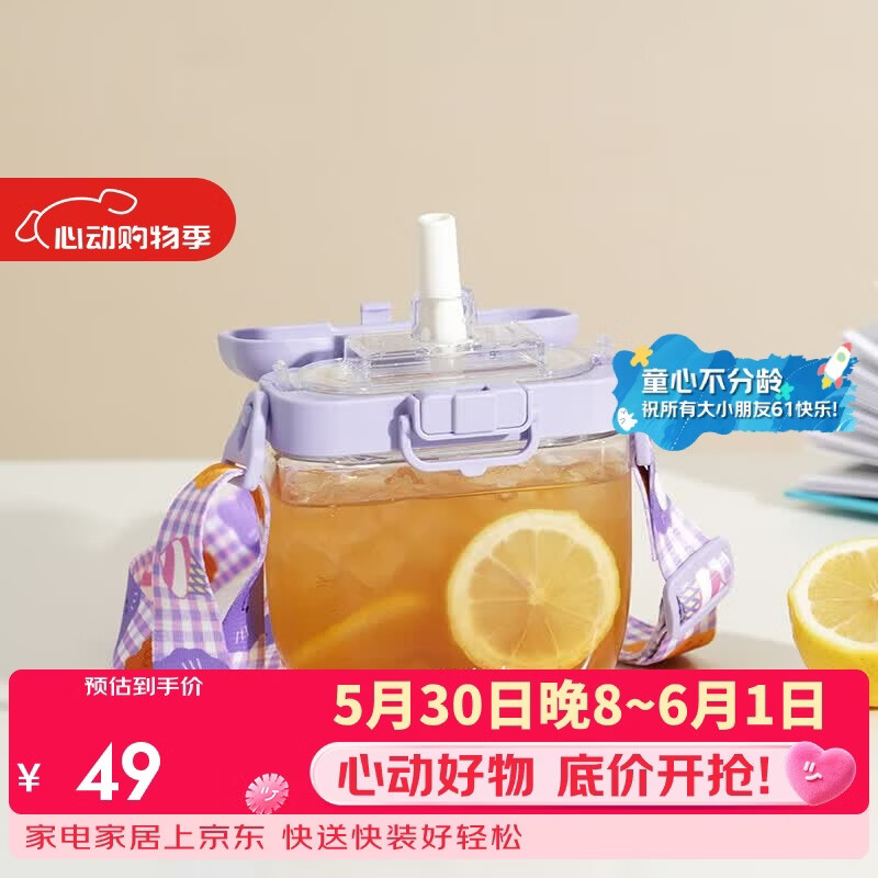 乐扣乐扣(LOCK&LOCK)开学季儿童节礼物水杯夏季带吸管一键开盖提手小学生上学喝水杯子 紫色 470ml 京东折扣/优惠券