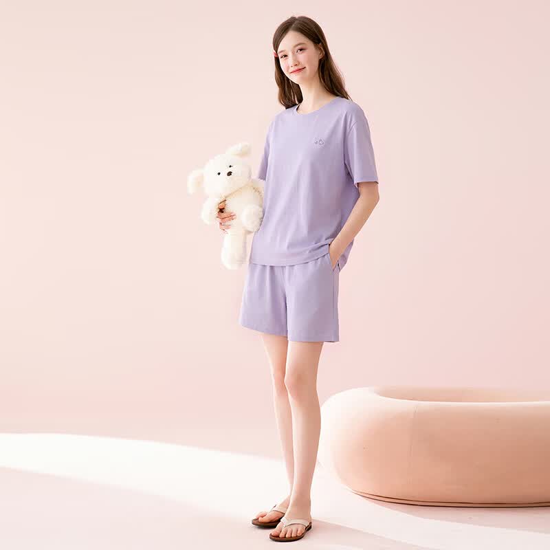 芬腾【7A抑菌】100%纯棉睡衣女2026新款士圆领短袖短裤家居服女套装 香芋紫 XL