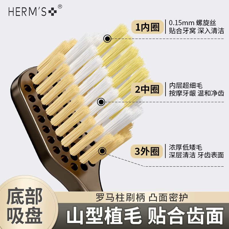 HERM'S山形刷头吸盘刷柄护龈牙刷齿软毛成人家庭清洁三重植毛凸面 【最强组合】紫色罗马+吸盘软毛共 10支