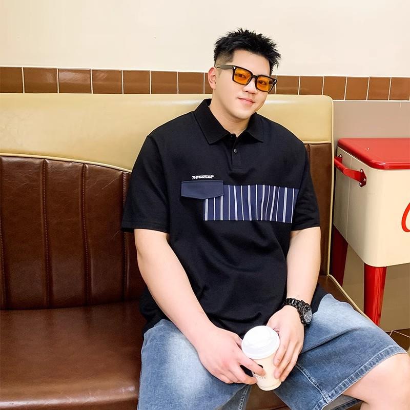 潮牌大码男装夏季高级感拼接刺绣百搭胖子宽松加肥加大短袖POLO衫 黑色 2XL