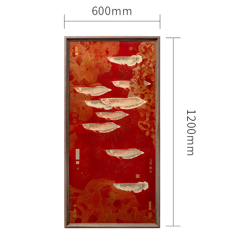 何佳功新中式九鱼图客厅玄关装饰画金龙鱼画走廊过道挂画寓意好铜画 九鱼图-红色600*1200mm 进口胡桃木 600*1200mm 铜彩烧工艺+进口黑胡桃木画框+