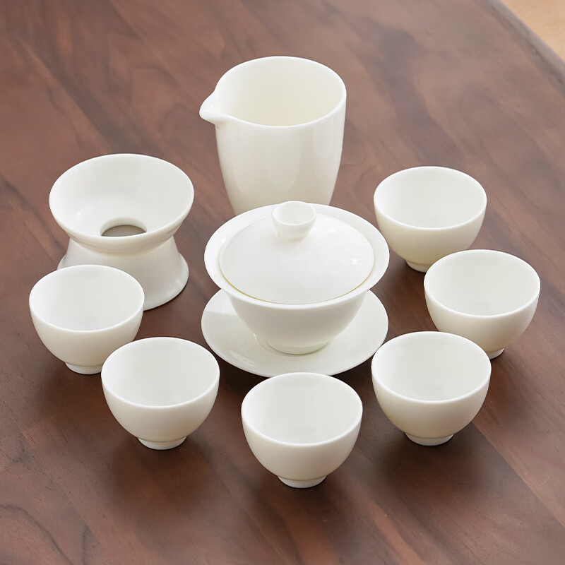 福捷森 羊脂玉功夫茶具套装家用客厅轻奢泡茶办公室德化白瓷盖碗茶杯