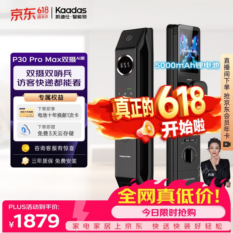 凯迪仕（KAADAS）【价保618】智能门锁密码锁人脸猫眼指纹智能锁P30ProMax双摄AI版