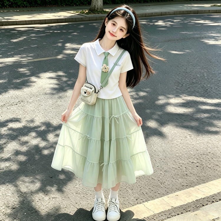 G.duck品牌童装女童夏装套装新款儿童夏季短袖半身裙两件套女孩洋气衣服 DMX030 浅绿色套装配领带 160