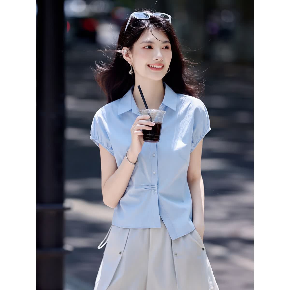 尚静2026夏季新款衬衫女灯笼袖收腰捏褶衬衣polo领减龄气质小衫上衣女 晴空蓝 M