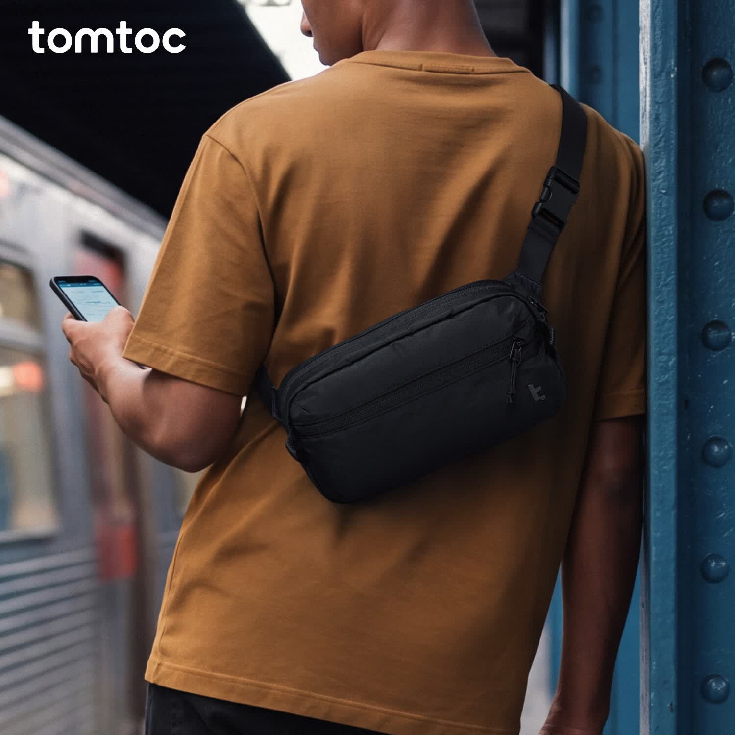 tomtoc轻便斜挎包男士胸包单肩包新款时尚休闲防泼水旅行运动挎包T33 轻影黑 2.5L