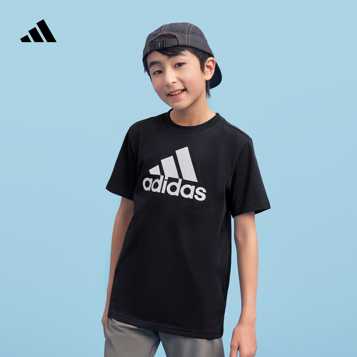 adidas男女大童休闲纯棉上衣圆领短袖T恤儿童夏季阿迪达斯轻运动 黑色/白色   164  