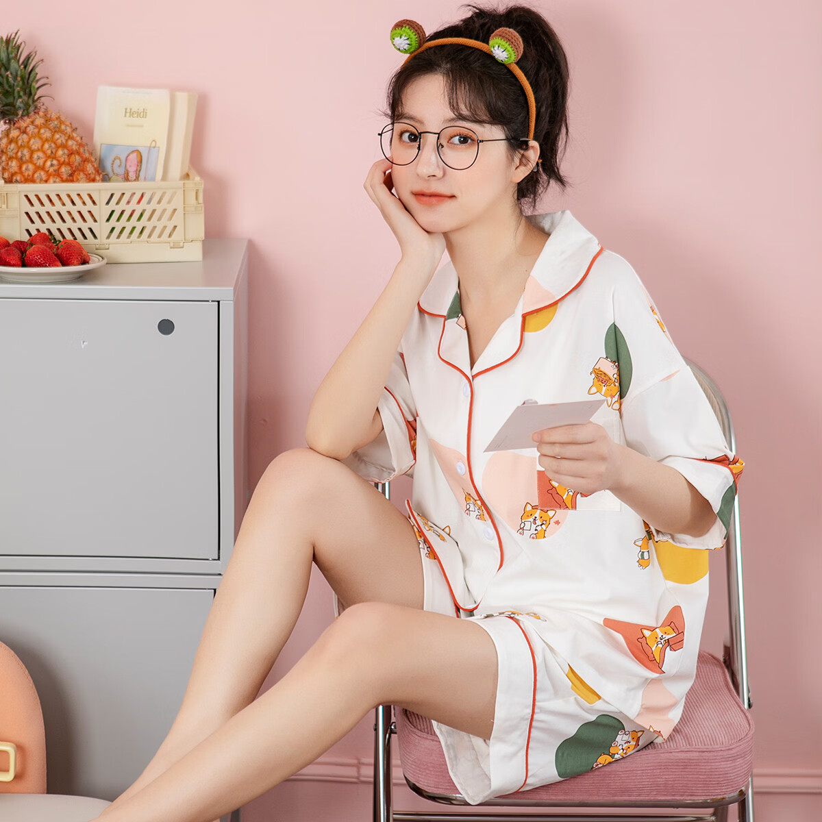 黛梦思纯棉睡衣女夏天薄款短袖居家服甜美可爱可外穿开衫超柔软 白色 XL -女款 （建议120-140斤）