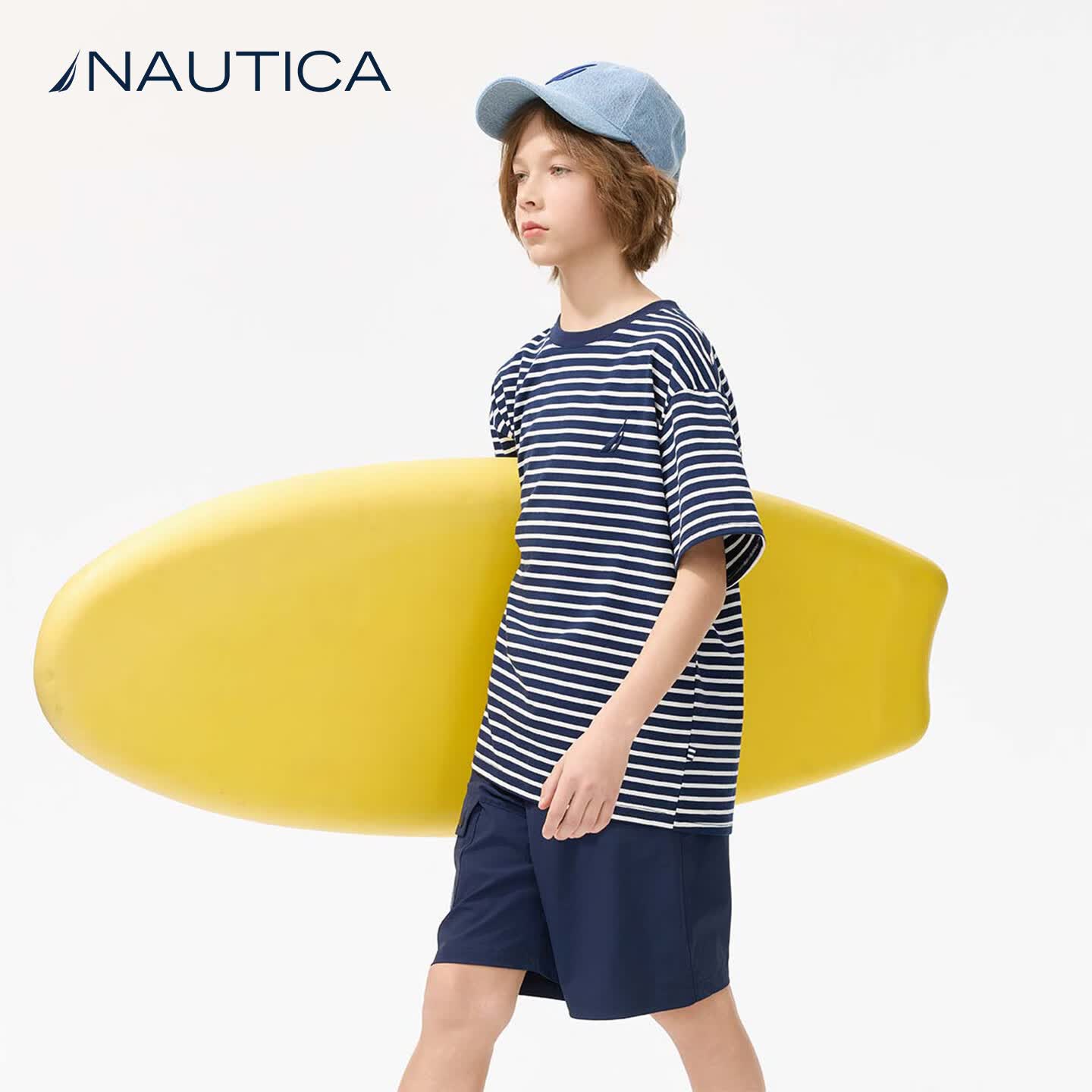 NAUTICA【防晒速干】童装男童短袖上衣儿童t恤女童夏装上衣运动衣服 诺帝卡蓝条 170
