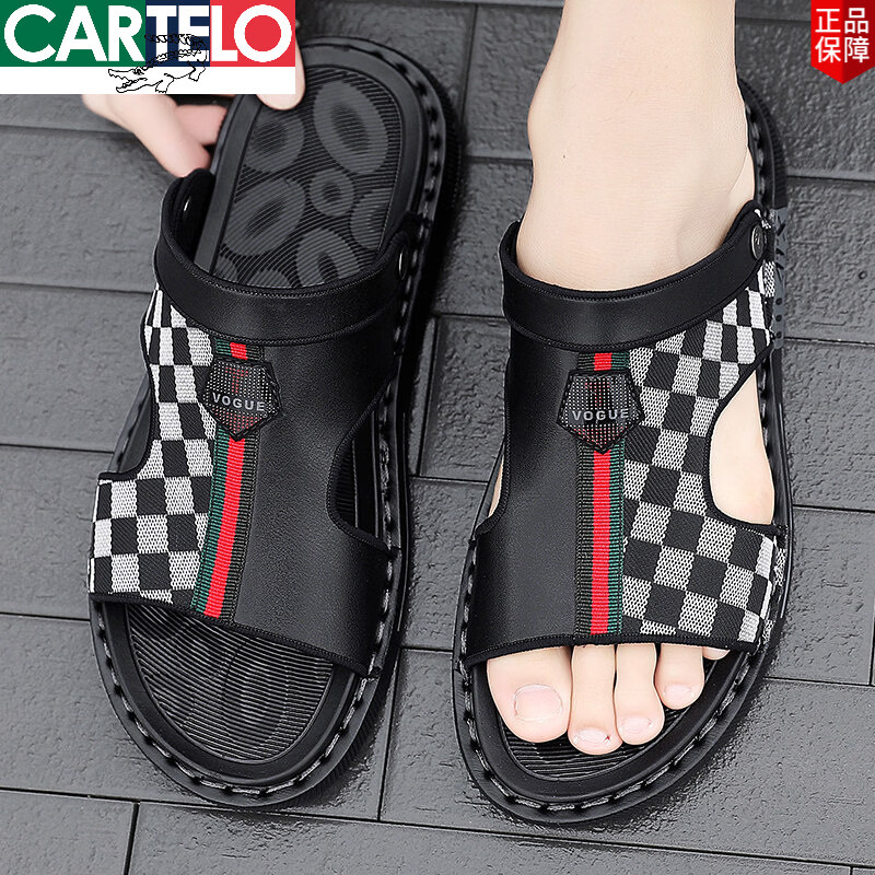 卡帝乐鳄鱼(CARTELO)2026新款男士凉鞋夏季外穿防滑沙滩鞋男式开车两用涉水皮凉拖 黑棕 42