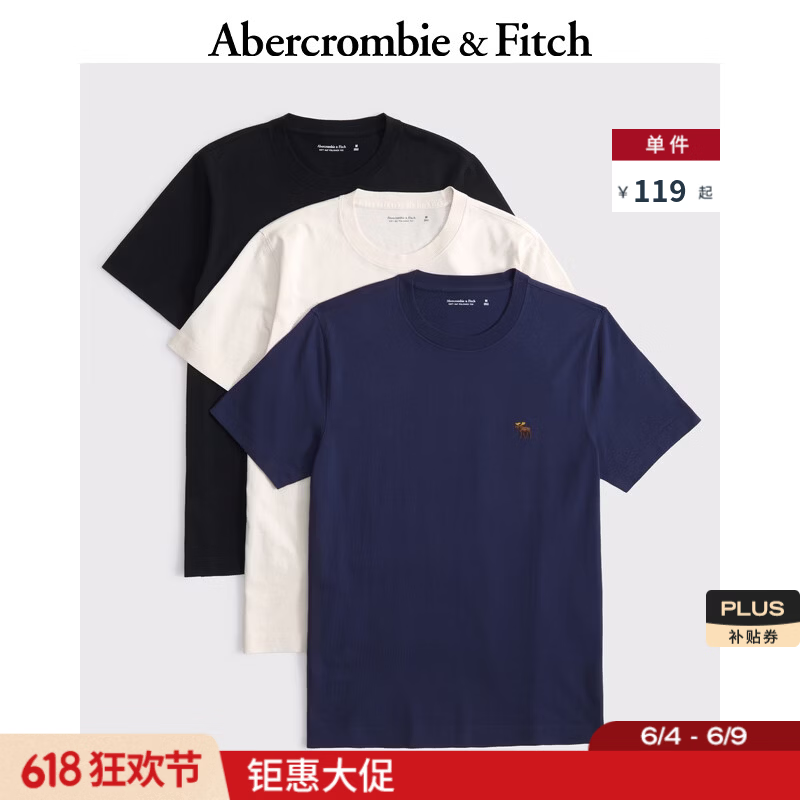 Abercrombie &amp; Fitch经典小麋鹿图案棉质3件组合装重磅短袖T恤25秋季男装124-5044 海军蓝多色 L (180/108A)