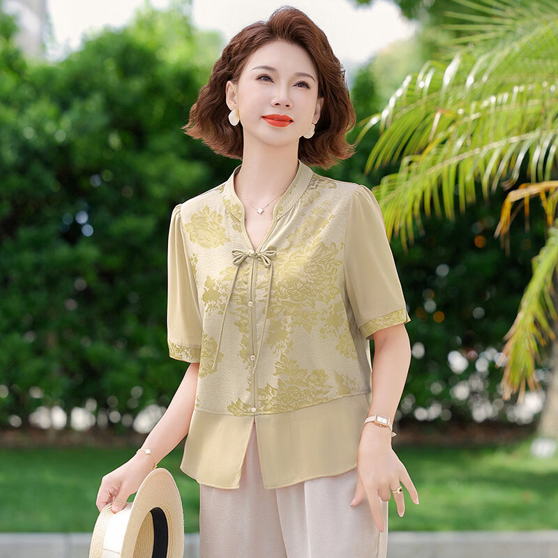 俞兆林(YUZHAOLIN)妈妈夏装套装新款端庄大气中年花色上衣服中老年女时尚夏季两件套 黄色上衣+米色阔腿裤 2XL 建议105-120斤