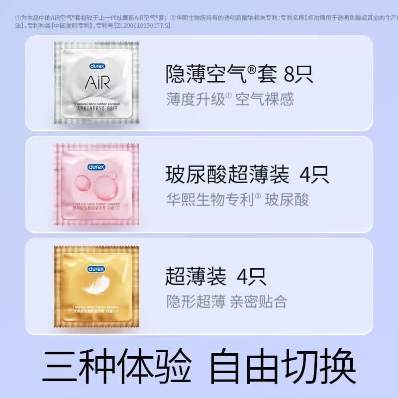 杜蕾斯（durex）AiR玻尿酸铂金三合一避孕套 空气套超薄隐形裸入男女用安全套情趣 AIR升级透薄【共16只】Air玻尿酸铂金三合一
