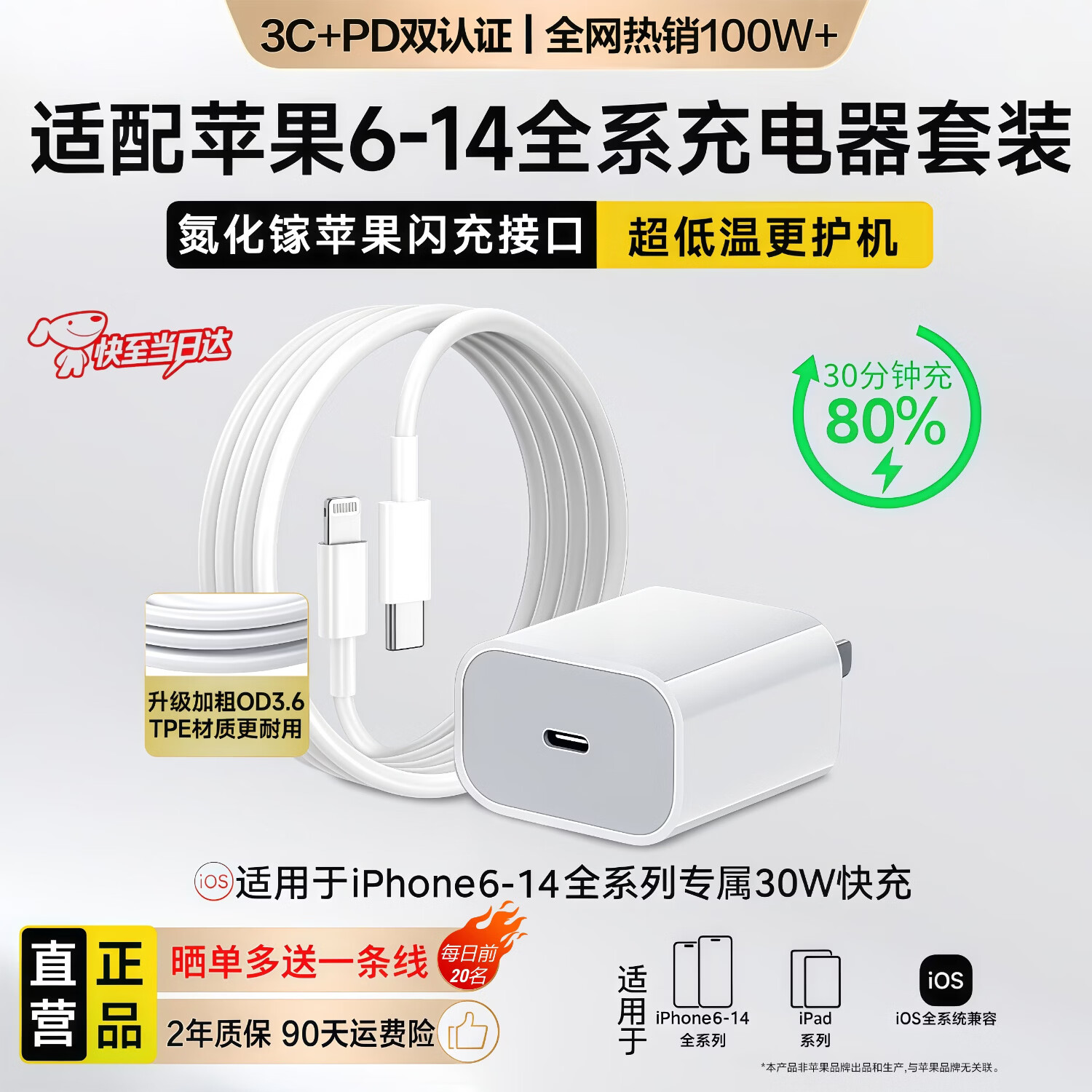syouran适配苹果13/14/11/12ProMax手机充电器充电线充电头原装正品氮化镓30/40W快充数据线快充充电套装 【苹果12/13/14】PD充电器1米套装30W 15/16/17全系列3C国家认证安全不伤机