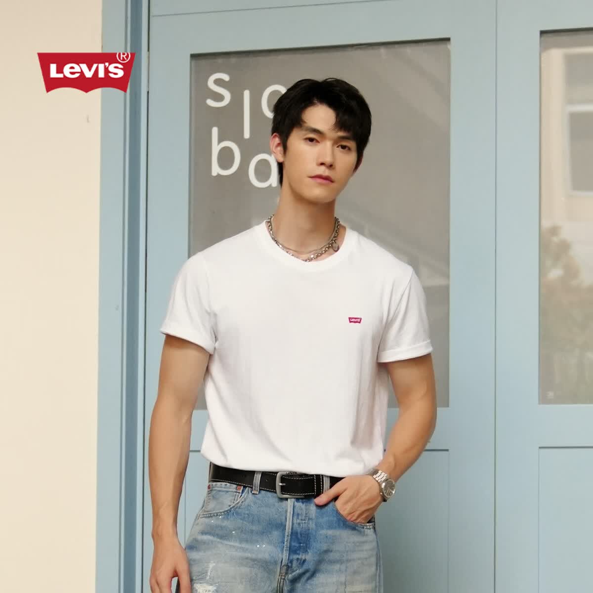Levi's李维斯情侣同款美式复古简约休闲时尚宽松LOGO印花短袖T恤 白色 L