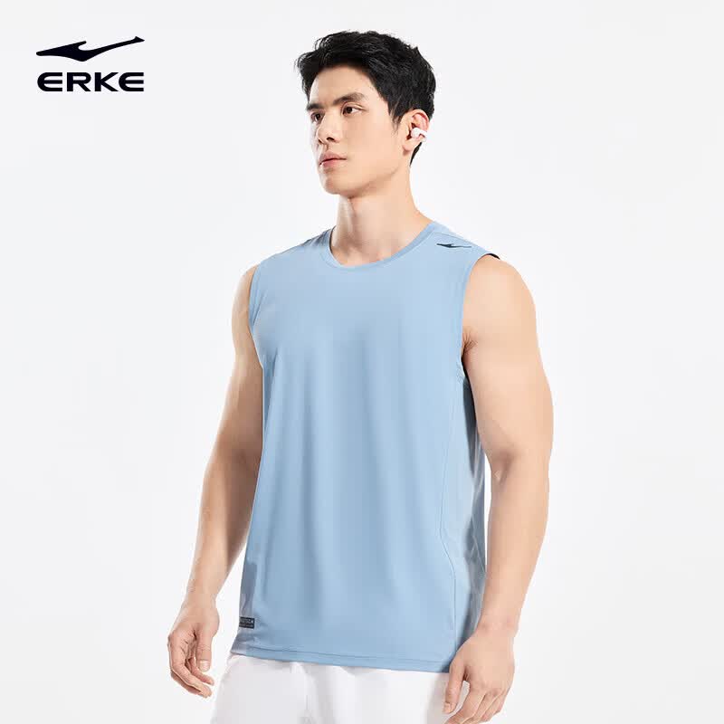 鸿星尔克（ERKE）速干背心男夏季新款男士运动服健身跑步篮球户外冰丝短袖T恤坎肩 迷雾蓝 L