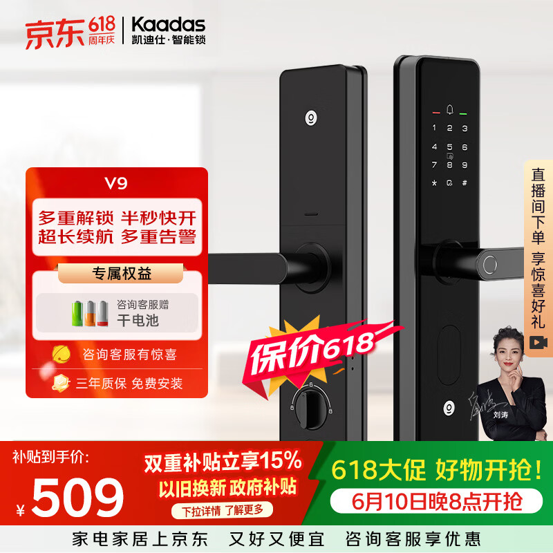 凯迪仕（KAADAS）【价保618】智能门锁 指纹锁 防盗门锁密码锁入户门电子智能锁 V9
