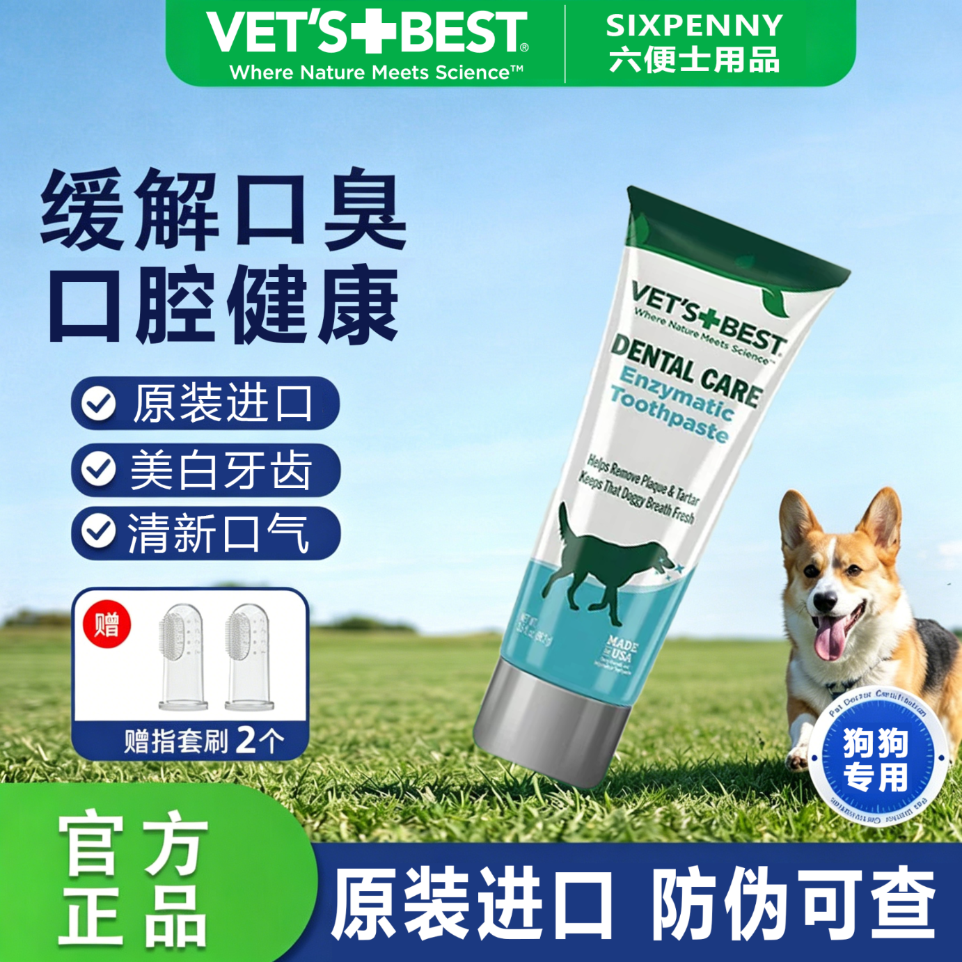 维倍思（VET'S BEST）绿十字牙膏犬用含酶牙膏狗狗口臭口腔牙结石洁齿牙膏27/10到期 103ml*1支 送牙膏指套