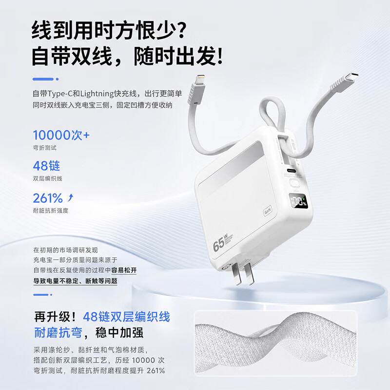 罗普仕 ROAPUSIE【26年新款丨65W大功率三合一闪充】充电宝自带线20000毫安3c认证可上飞机高铁超级快充可冲笔记本 【65W大功率】顶配版-云朵白-2万毫安 【下单赠收纳袋+7天无理由运费险】