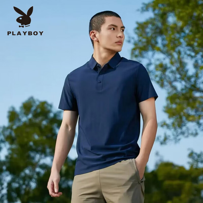 花花公子(PLAYBOY)冰丝无痕POLO衫夏季薄款情侣短袖轻奢休闲透气凉感速干锦纶t恤男 深灰色冰丝短袖 5XL (180-200斤)