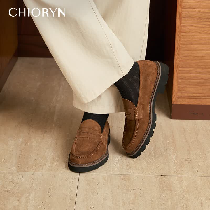 CHIORYN【轻量化增高5.5牛绒】青润乐福鞋男复古老钱风一脚蹬皮鞋 轻量化厚底乐福鞋 38