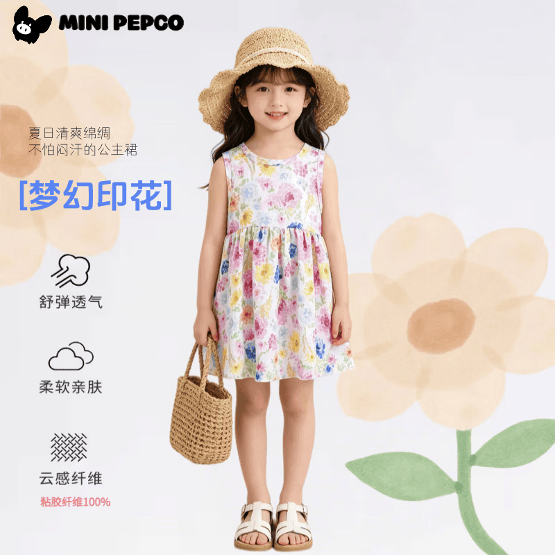 小猪班纳（PEPCO）女童绵绸连衣裙夏季碎花公主裙沙滩裙新款女孩背心裙 2502棉绸裙点点碎花 140 cm 【偏小建议身高120-130cm】