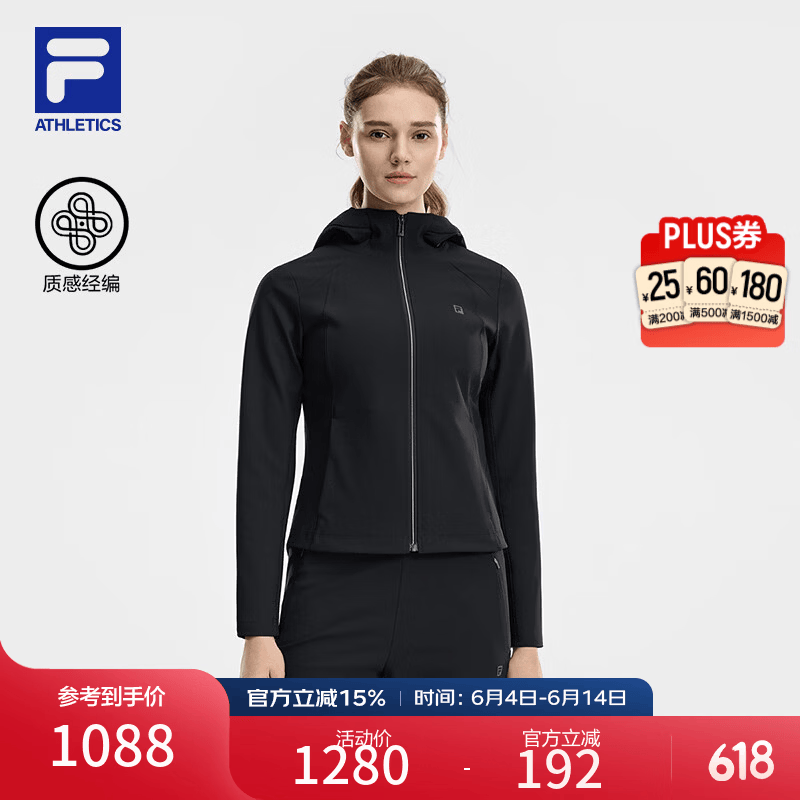 FILA 斐乐官方女士针织连帽外套2026夏新款健身运动简约修身上衣 深黑-BK L 170/88A/L