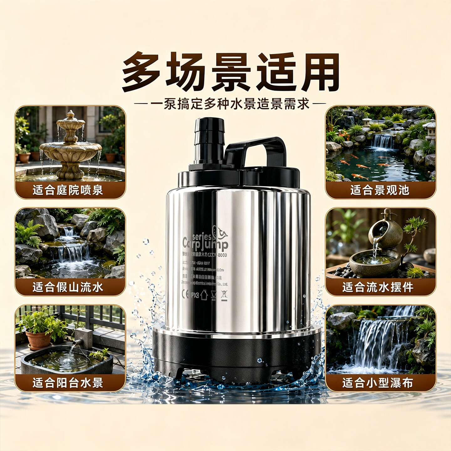 老漁匠鱼池抽水过滤不锈钢大流量户外假山流水喷泉潜水泵循环水泵 【新升级】60瓦丨流量3000L/H丨2.6米高扬程