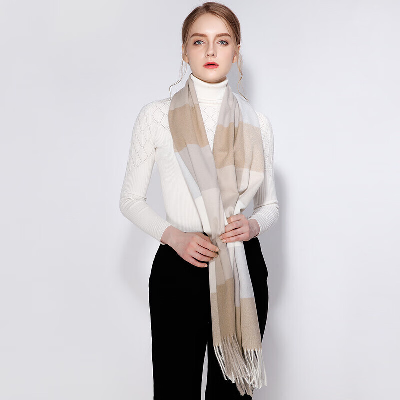 达芬奇密码 秋冬季保暖围巾女欧美风学生围脖情侣格子披肩 1# 浅咖格(205*35cm)