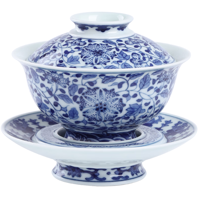 景德鎮(zhèn)（jdz）景德鎮(zhèn)陶瓷官方茶具手繪青花纏枝蓮三才蓋碗仿古家用喝茶泡茶碗 青花纏枝蓮點工蓋碗