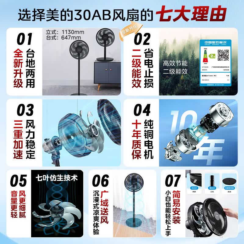 美的电风扇落地扇 落地风扇 电扇 大风力纯铜电机卧室轻音 【30cm扇叶】黑色