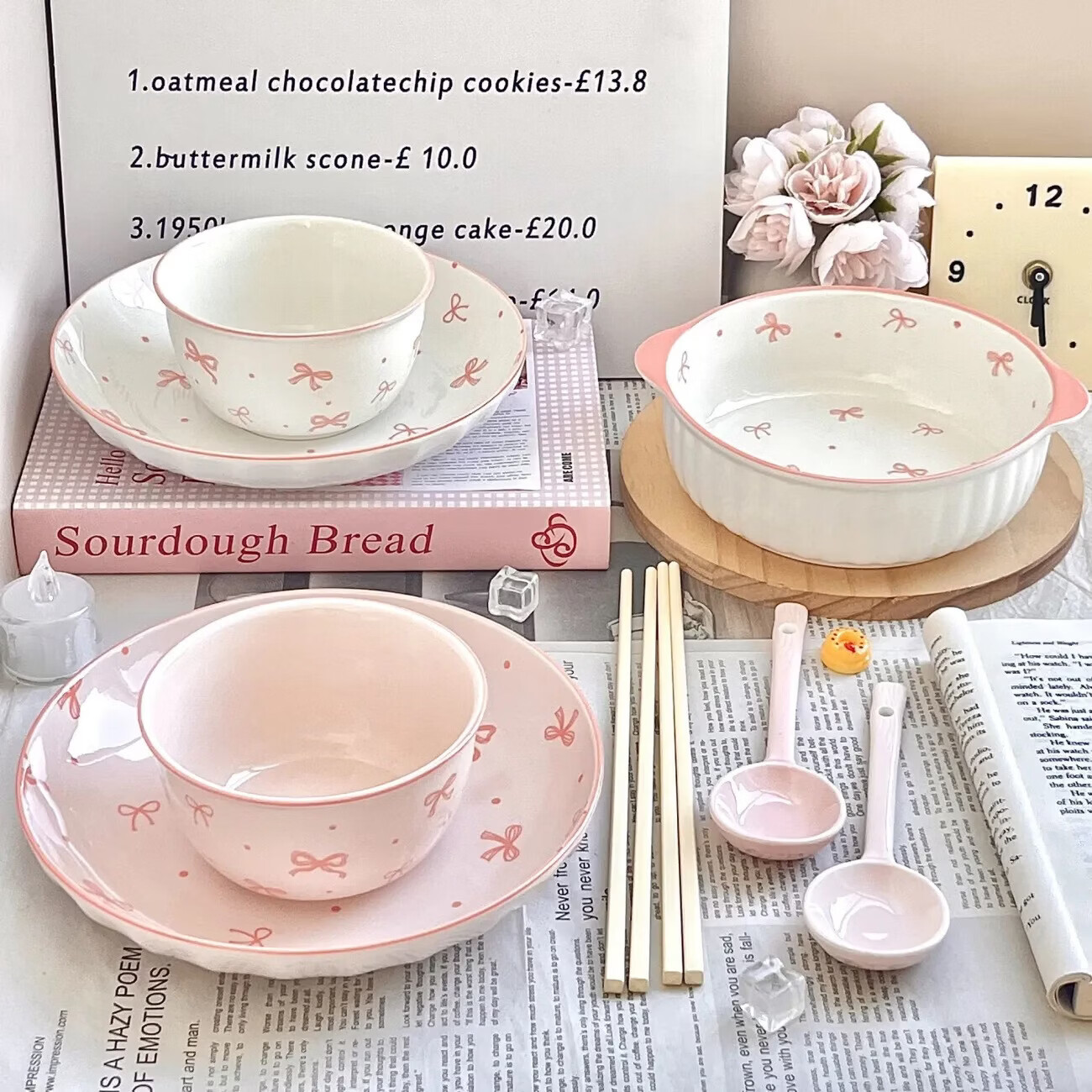京东指数双耳汤碗饭碗勺筷少女心蝴蝶结陶瓷釉下彩高颜值餐具套装 粉色 蝴蝶结4件套【双耳汤碗+米饭碗+勺子+筷子】