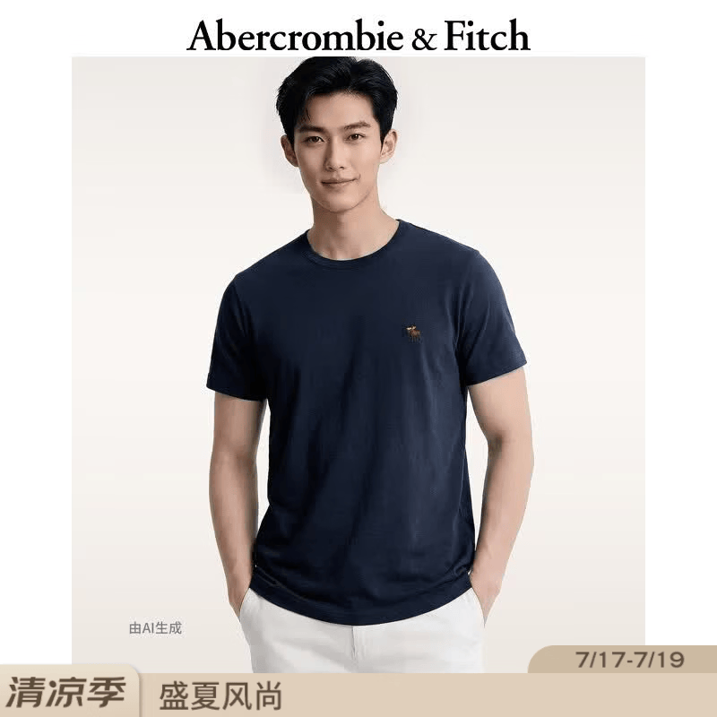 Abercrombie &amp; Fitch经典小麋鹿图案情侣柔软纯棉短袖T恤上衣26春夏男装124-6014 海军蓝 L (180/108A)