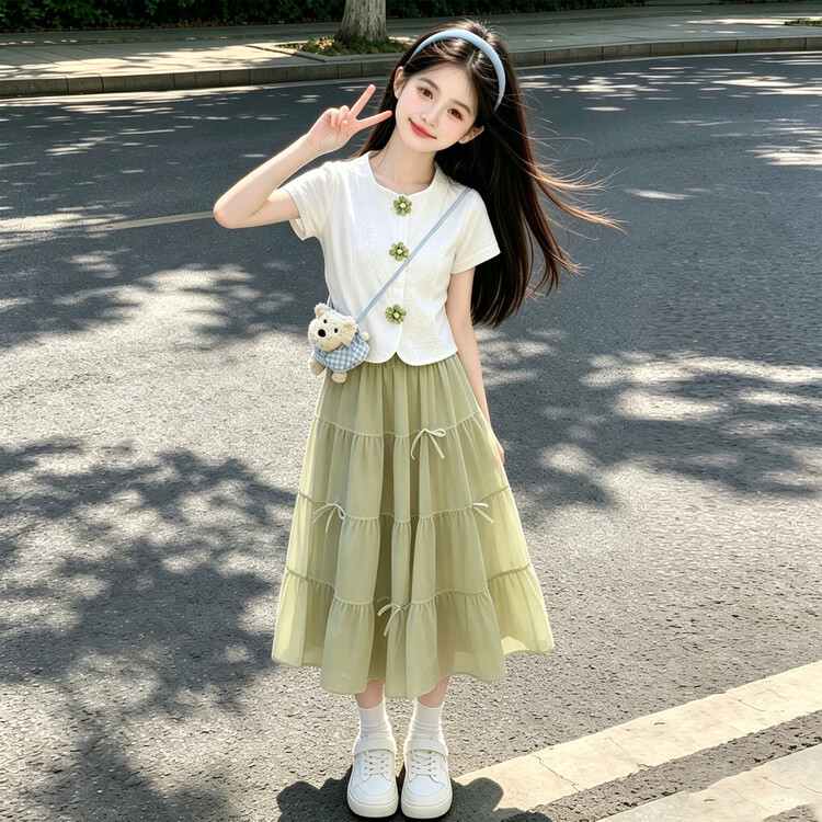 G.duck品牌童装女童夏装套装新款儿童夏季短袖半身裙两件套女孩洋气衣服 DMX028 上衣配绿色裙子 170