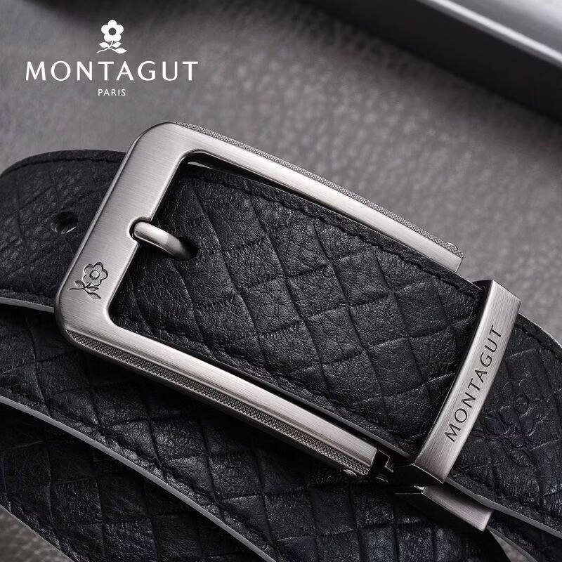 梦特娇(MONTAGUT)皮带男式新款可旋转针扣双面真皮腰带男头层牛皮青中年裤带 荔枝纹 前棕后黑 130cm