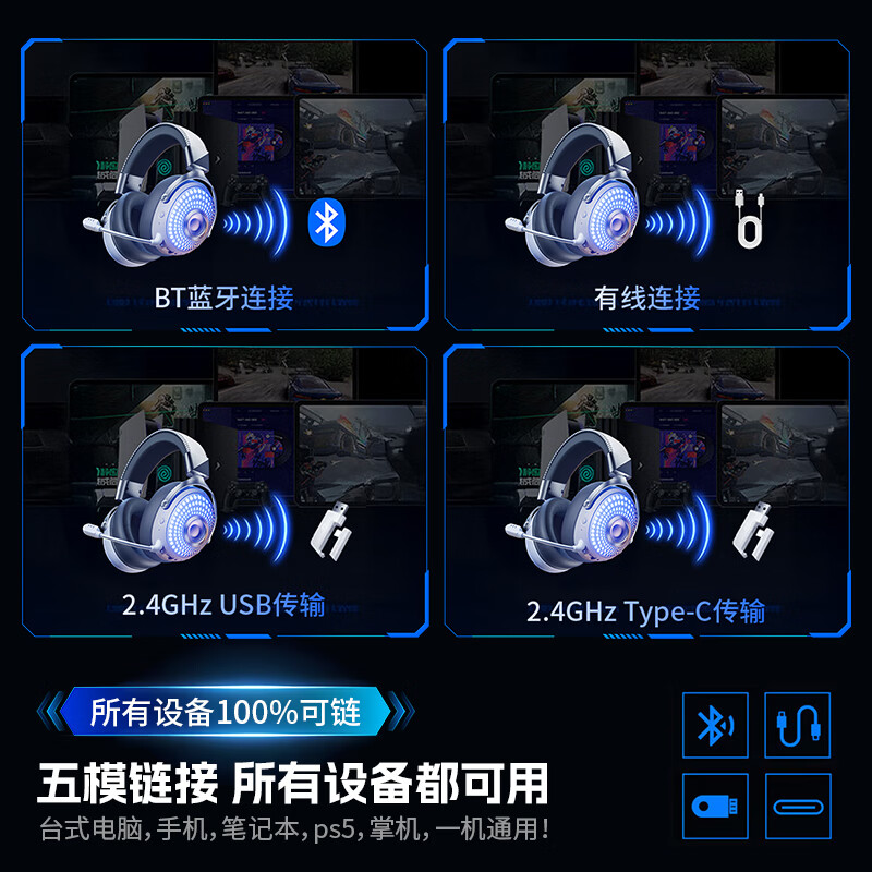 唯立德【2026最新款电竞游戏耳机丨赛事推荐专用】耳机头戴式三角洲2.4G听声辨位蓝牙无线耳机 dts调音版+电竞灯效【镀钛银】