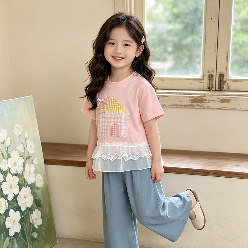 木幼事女童上衣薄款衣服夏季童装女宝宝短袖t恤夏装2026新款儿童蕾丝边T 粉红色 160 【身高150~160CM，体重70~95斤】