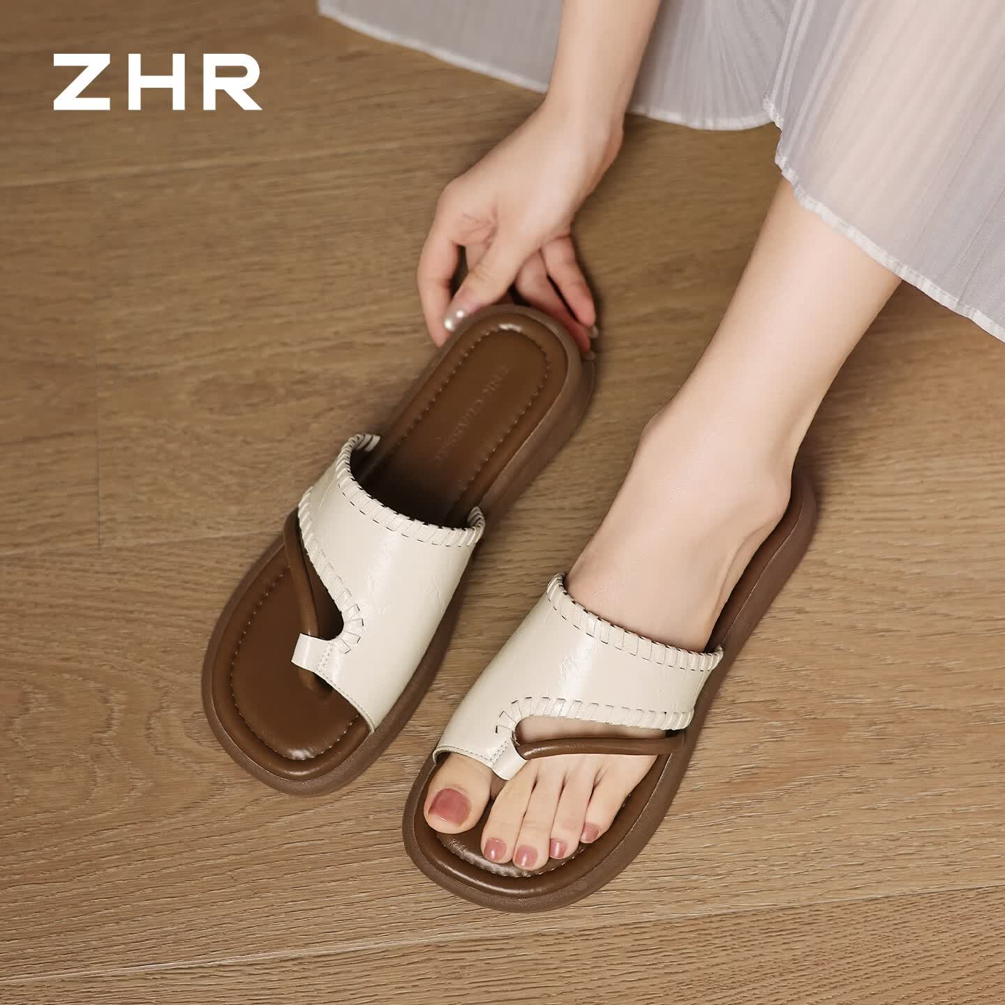 ZHR则则夹趾凉拖鞋女2026夏季新款外穿一字拖平底罗马沙滩鞋KN372米色40