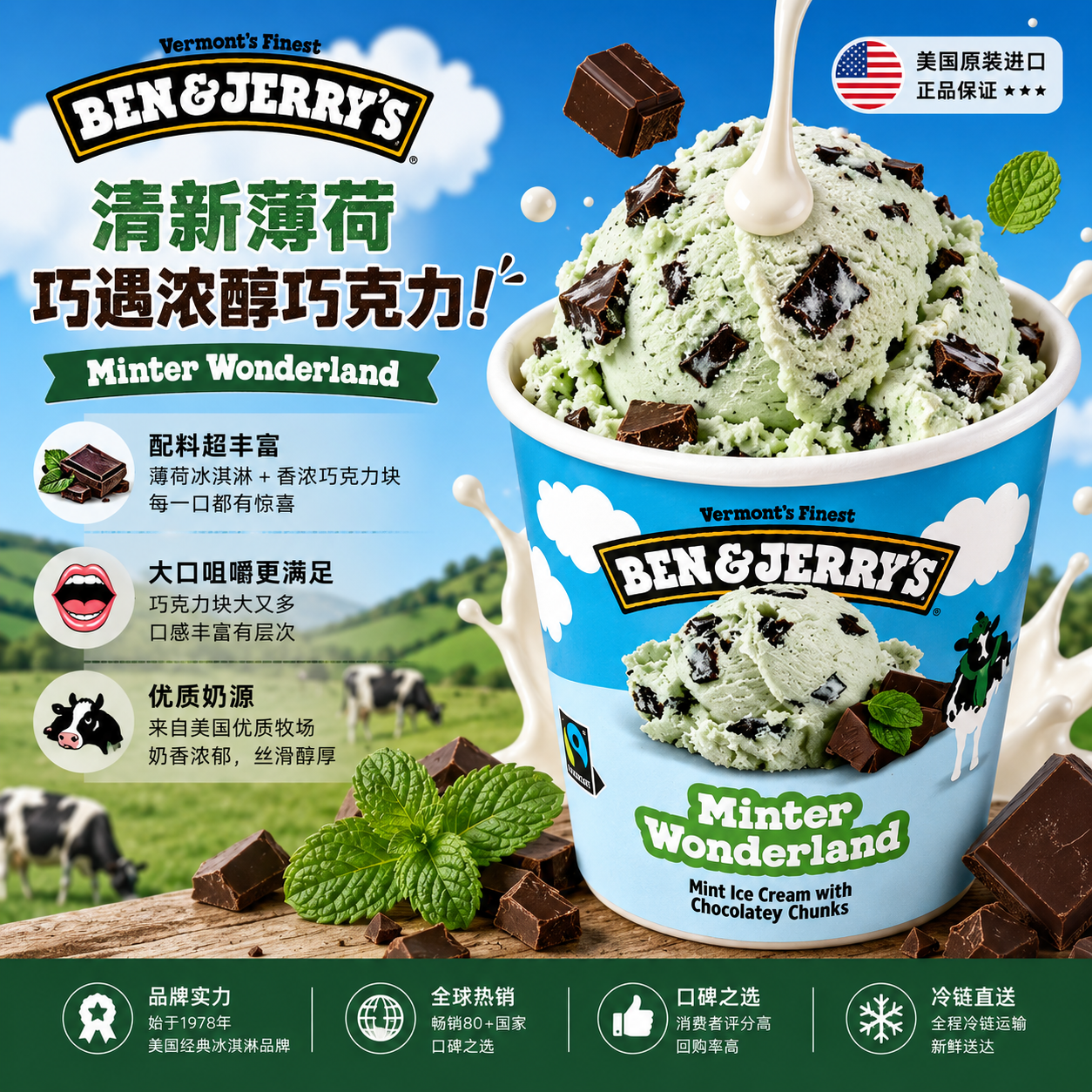 BEN &amp; JERRY'S本杰瑞薄荷巧克力冰淇淋465ml/桶美国进口 薄巧冰激淋
