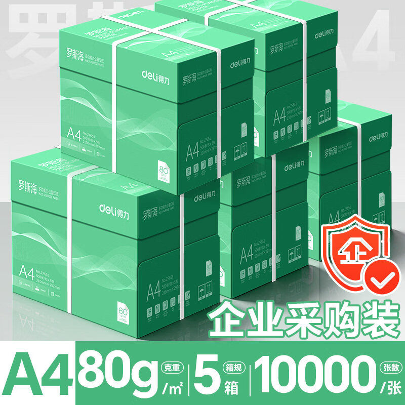 得力（deli）A4纸打印纸 复印纸整箱 白纸草稿纸办公用纸高性价比多箱装打印纸批发包邮 【5箱装20包】罗斯海80g/A4/10000张