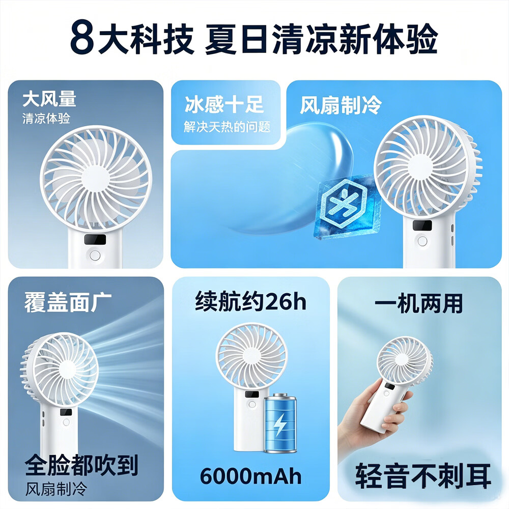 贝努奇手持小风扇2026新款迷你大风力制冷超长续航静音USB充电桌面宿舍便携学生家用办公室 莹白色 3000毫安