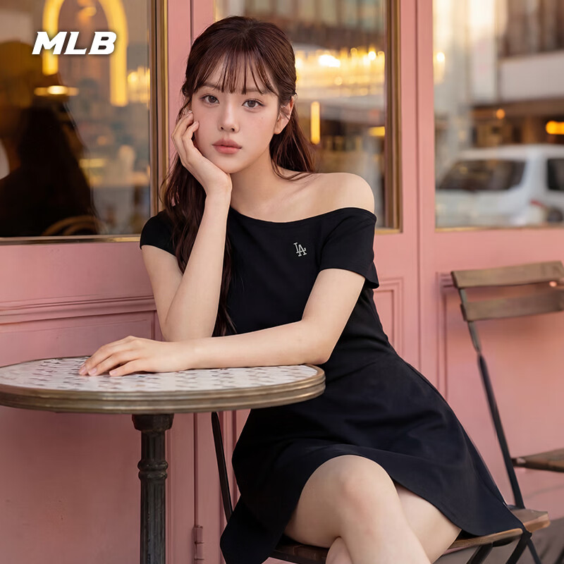 MLB官方 女款时尚潮流LOGO图案斜肩抽褶连衣裙26春季新款OPB08 洛杉矶道奇队/黑色 M （成人）