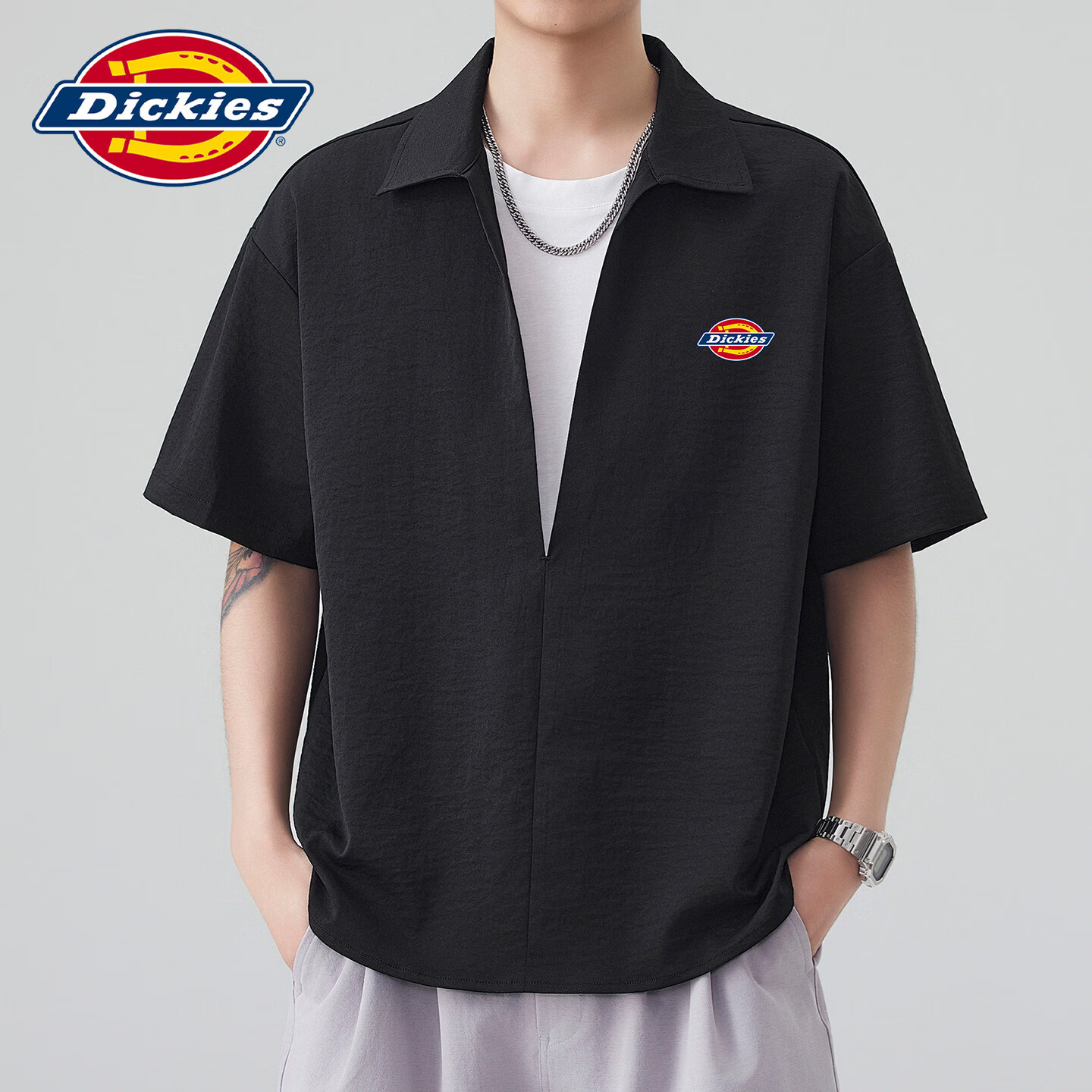 Dickies美式潮牌假两件拼接老钱风短袖衬衫男士夏季宽松休闲半袖上衣服装 黑色 3XL 【建议170-190斤】
