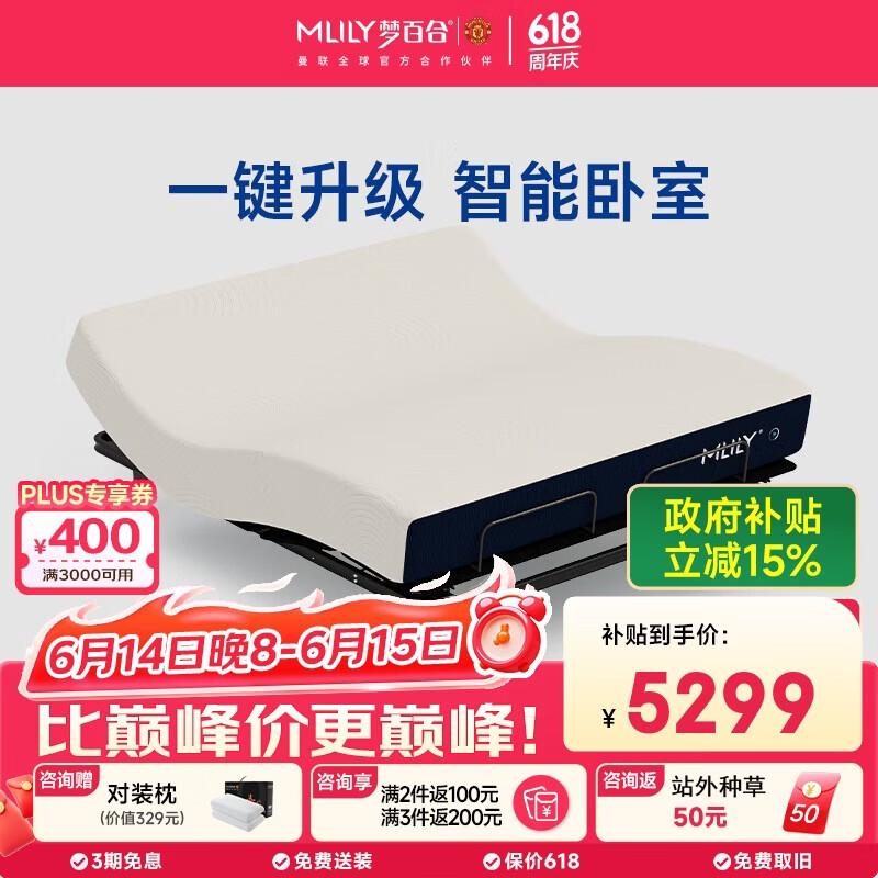 梦百合国民家居联名款智能床 可升降电动床无床头【M1+快充s】1.5米*2米