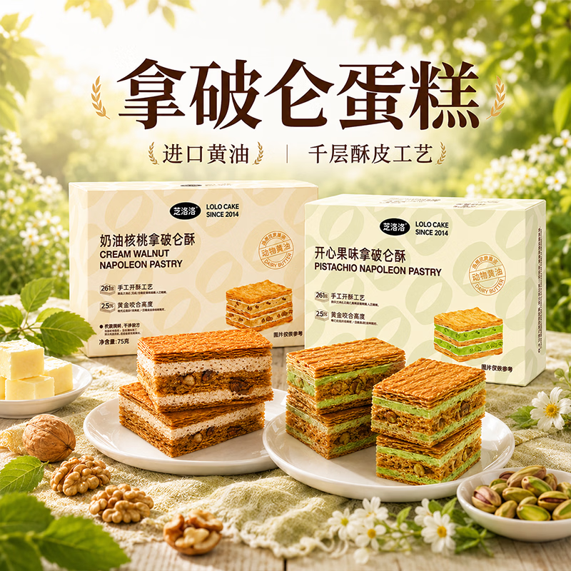 芝洛洛拿破仑酥法式糕点75g*2盒千层酥休闲下午茶追剧零食 【开心果+咸奶油】75g*2盒